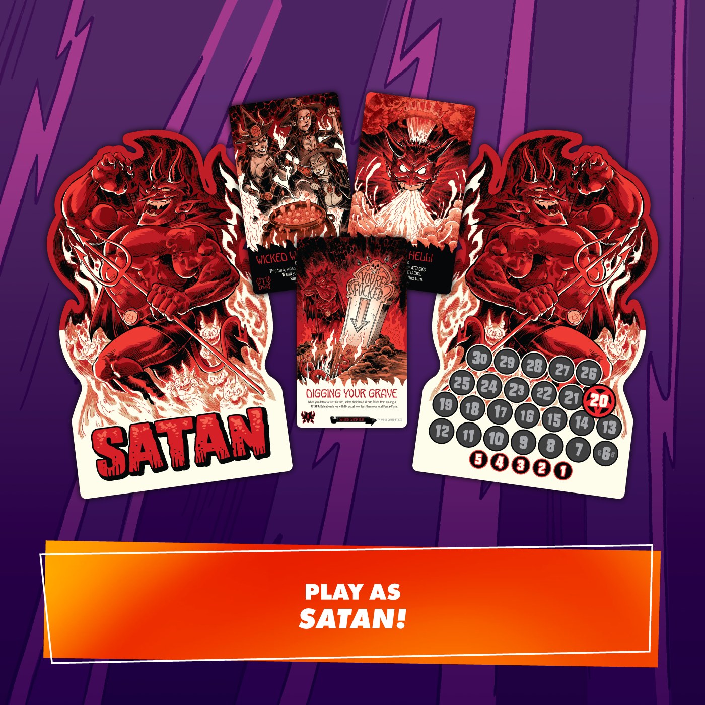 Epic Spell Wars of the Battle Wizards Annihilageddon 3 Satanic Panic game components including Satan player boards and various game cards on a purple background