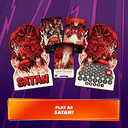 Epic Spell Wars of the Battle Wizards Annihilageddon 3 Satanic Panic game components including Satan player boards and various game cards on a purple background