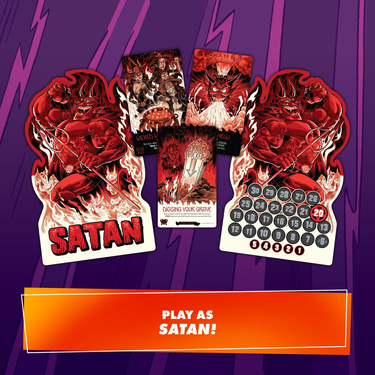 Epic Spell Wars of the Battle Wizards Annihilageddon 3 Satanic Panic game components including Satan player boards and various game cards on a purple background