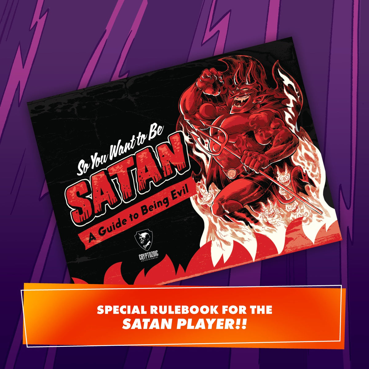 A Satanic Panic rulebook showing a muscular red devil holding a trident and flames on a black cover, on a purple background