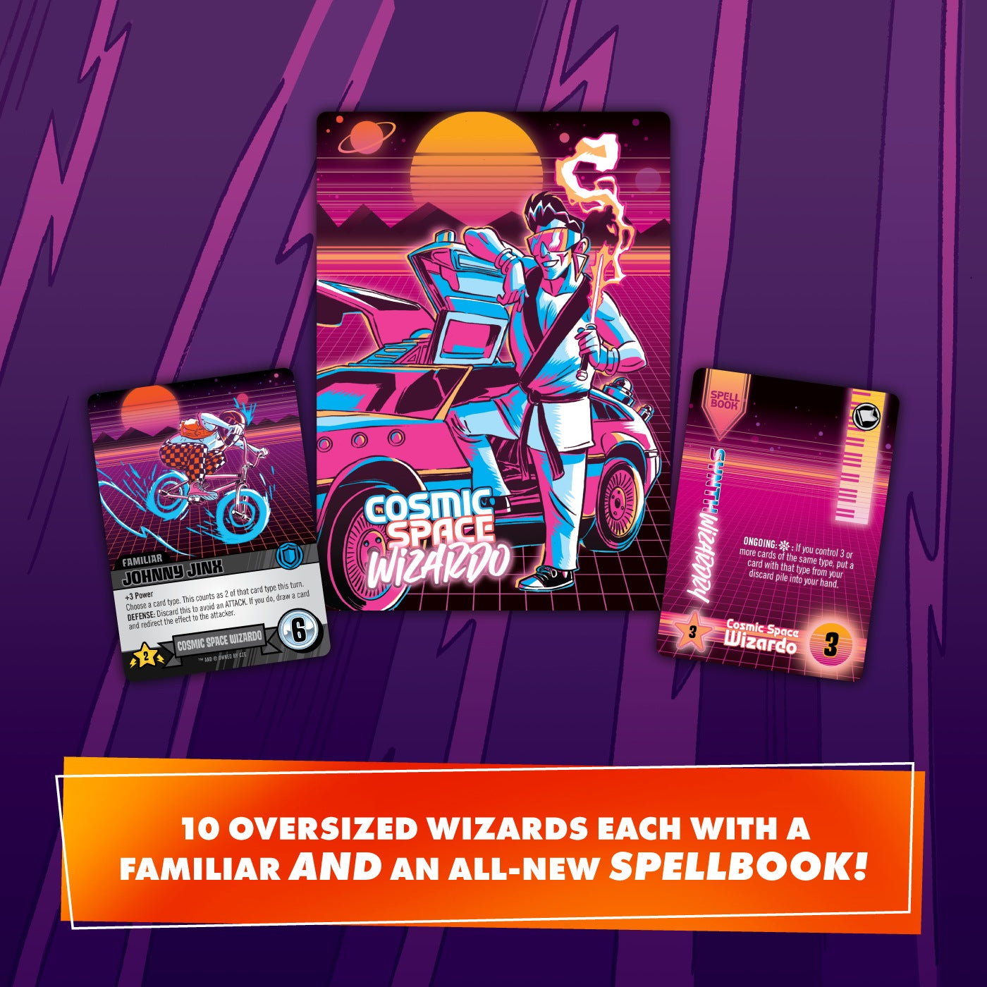 Three Epic Spell Wars of the Battle Wizards Annihilageddon 3 Satanic Panic game cards, featuring a retro-futuristic wizard, a familiar, and a spellbook