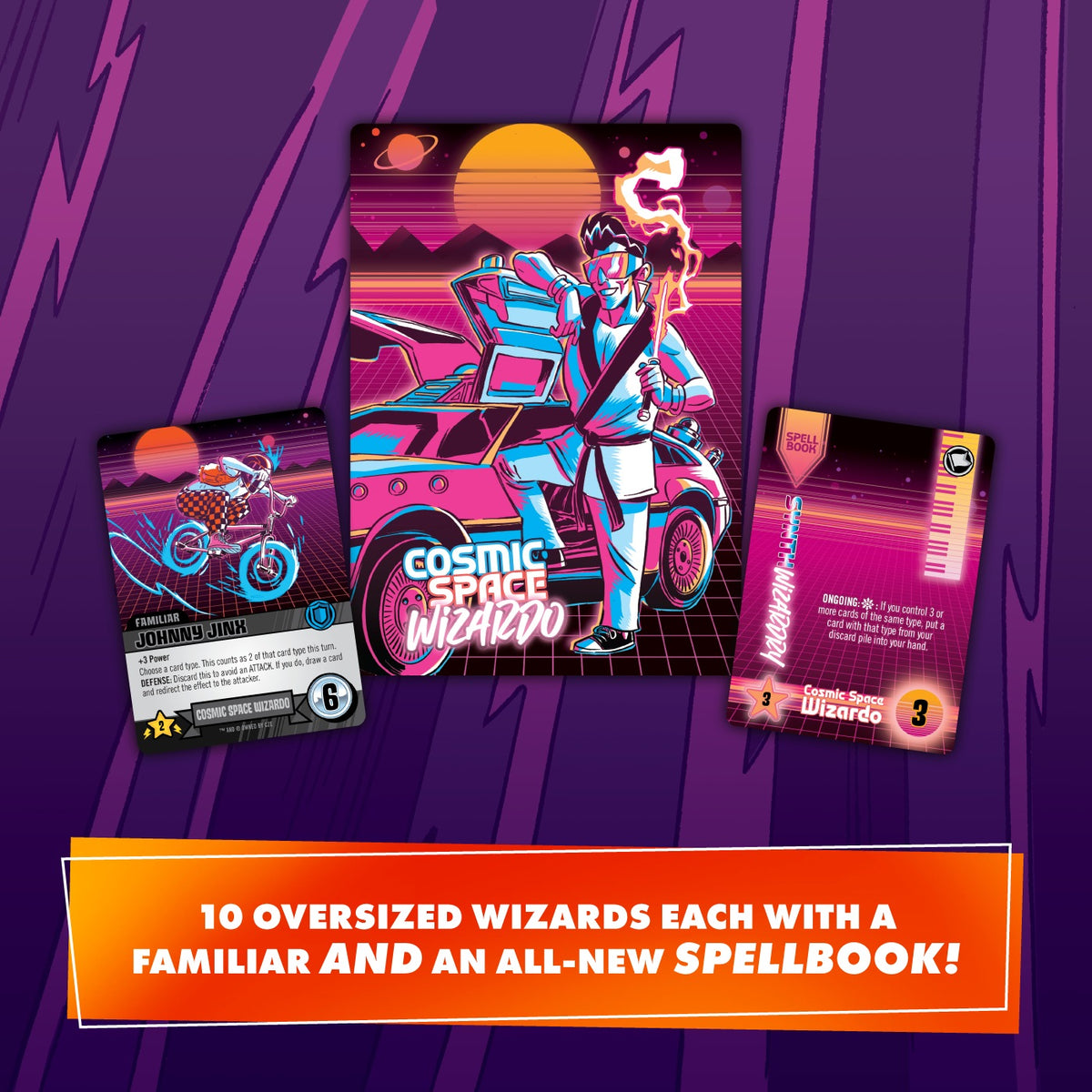 Three Epic Spell Wars of the Battle Wizards Annihilageddon 3 Satanic Panic game cards, featuring a retro-futuristic wizard, a familiar, and a spellbook