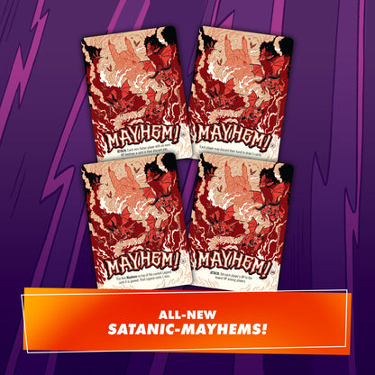 Four Epic Spell Wars Satanic Panic Mayhem game cards display red demonic creatures, bats, and smoke, with an orange banner at the bottom