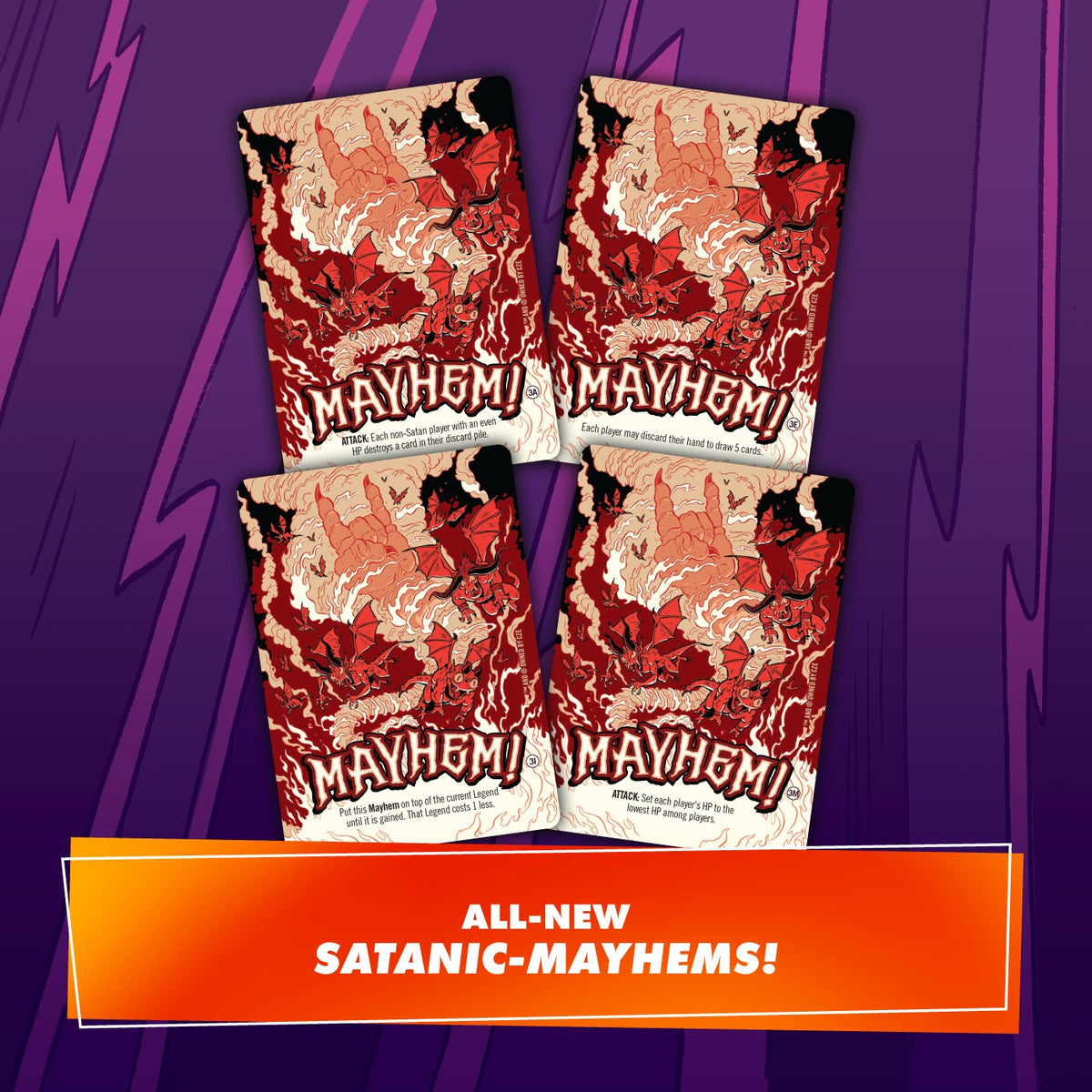 Four Epic Spell Wars Satanic Panic Mayhem game cards display red demonic creatures, bats, and smoke, with an orange banner at the bottom