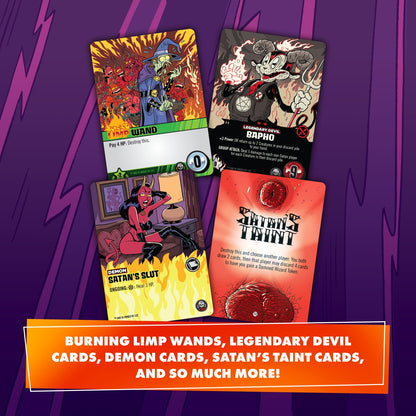 Four Epic Spell Wars cards display a wizard with Limp Wand, Bapho the devil, Satan's Slut demon, and Satan's Taint organ imagery