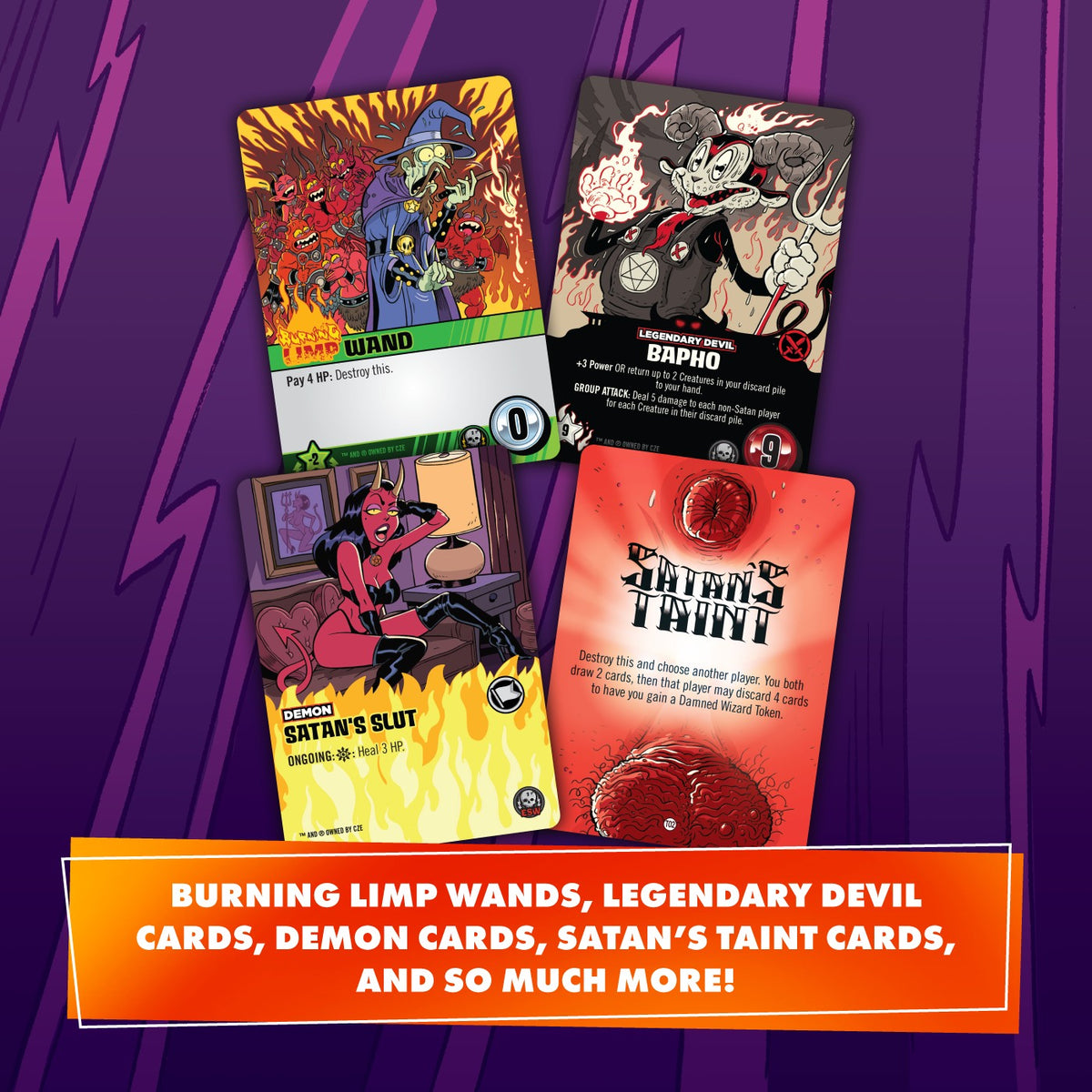 Four Epic Spell Wars cards display a wizard with Limp Wand, Bapho the devil, Satan&#39;s Slut demon, and Satan&#39;s Taint organ imagery