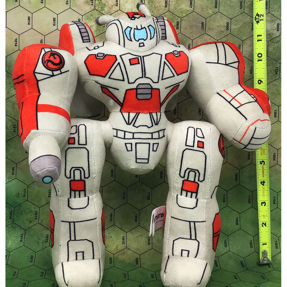 White plush robot toy with red armor accents on a green hex grid background