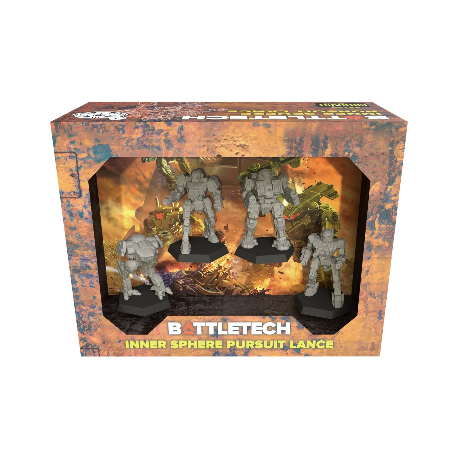 A Battletech Inner Sphere Pursuit Lance box displays four gray mech miniatures inside a window, set against an explosive background