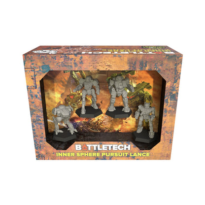 A Battletech Inner Sphere Pursuit Lance box displays four gray mech miniatures inside a window, set against an explosive background