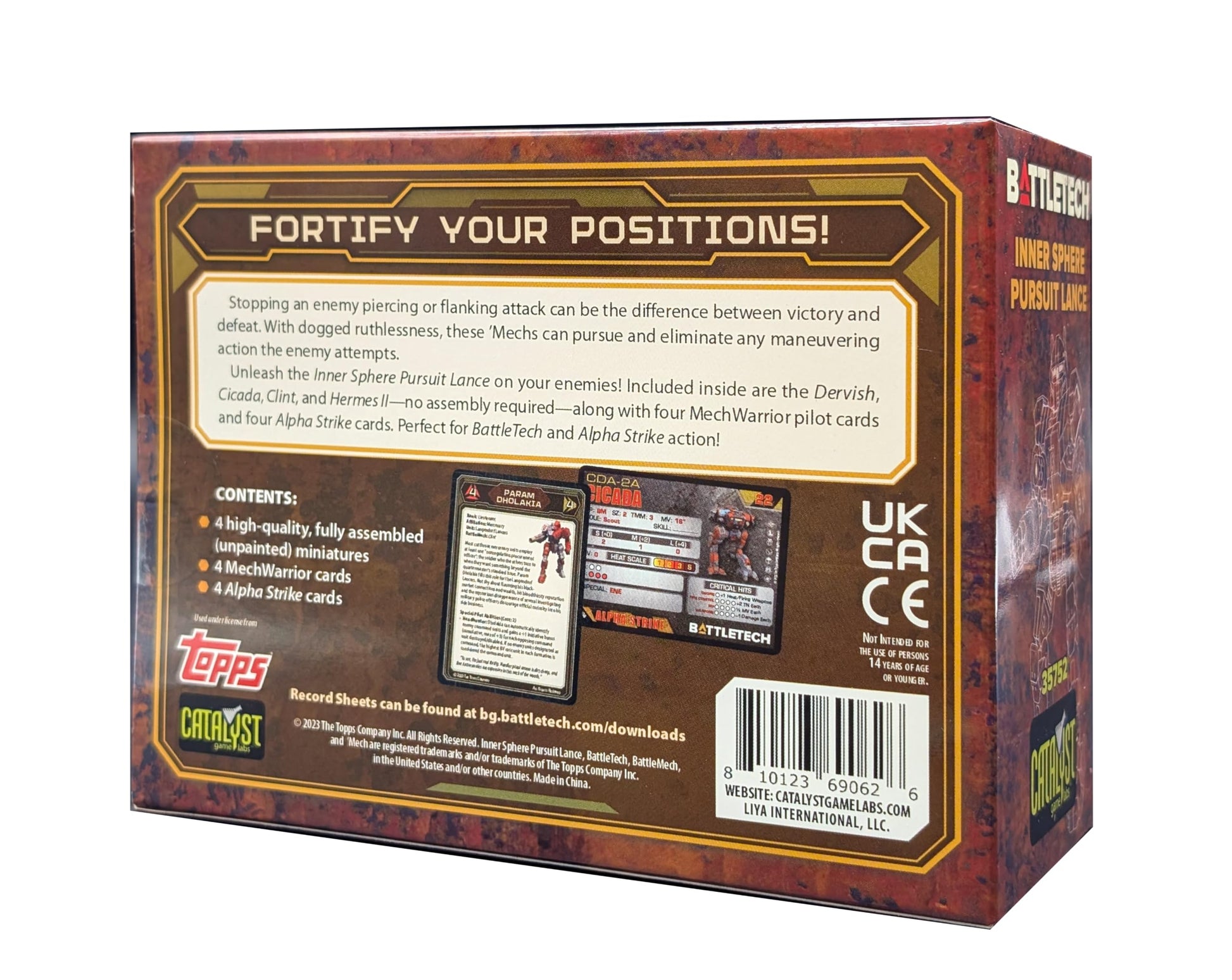 The Battletech Inner Sphere Pursuit Lance box shows its top and side with strategic text, contents including miniatures and game cards, and a barcode