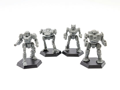 Four grey Battletech Inner Sphere Pursuit Lance mech miniatures stand on black hexagonal bases