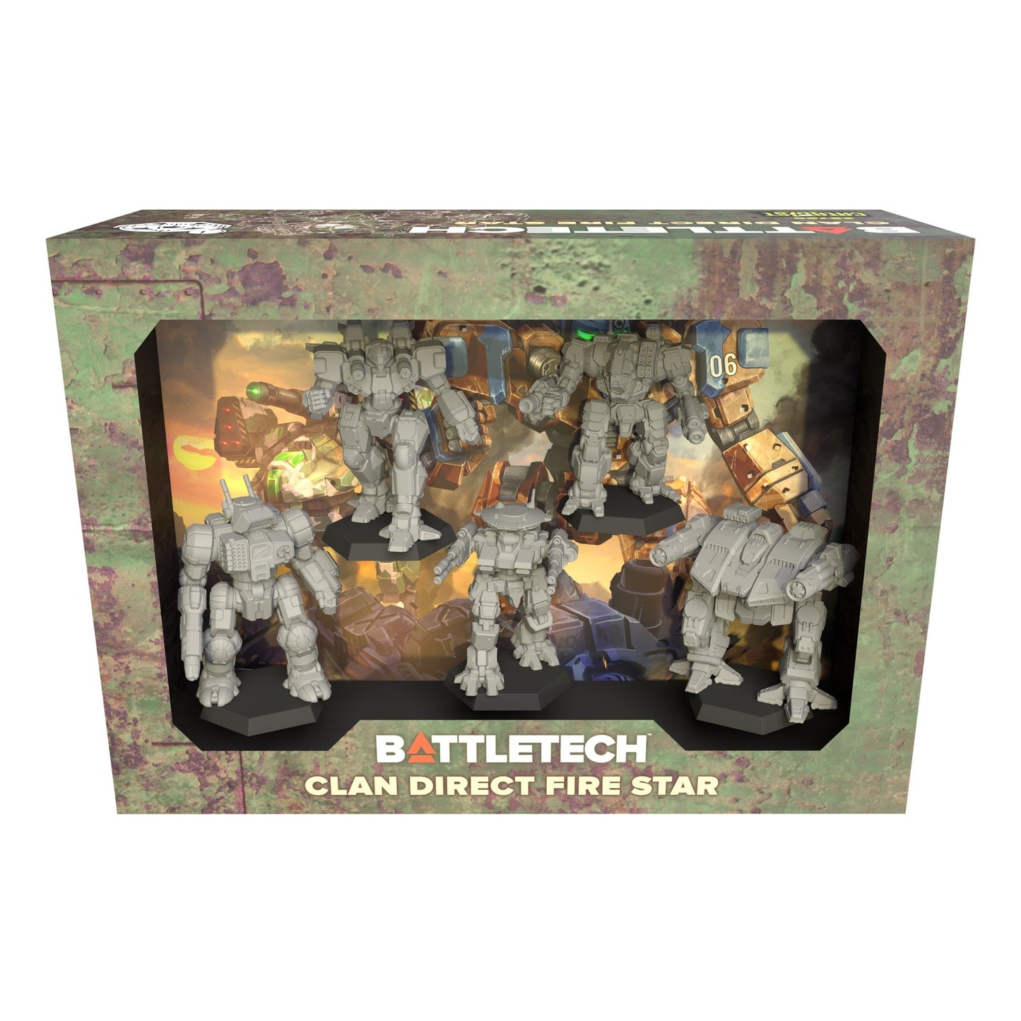 A camouflaged box displaying six unpainted Battletech Clan Direct Fire Star 'Mech miniatures against an illustrated battlefield background