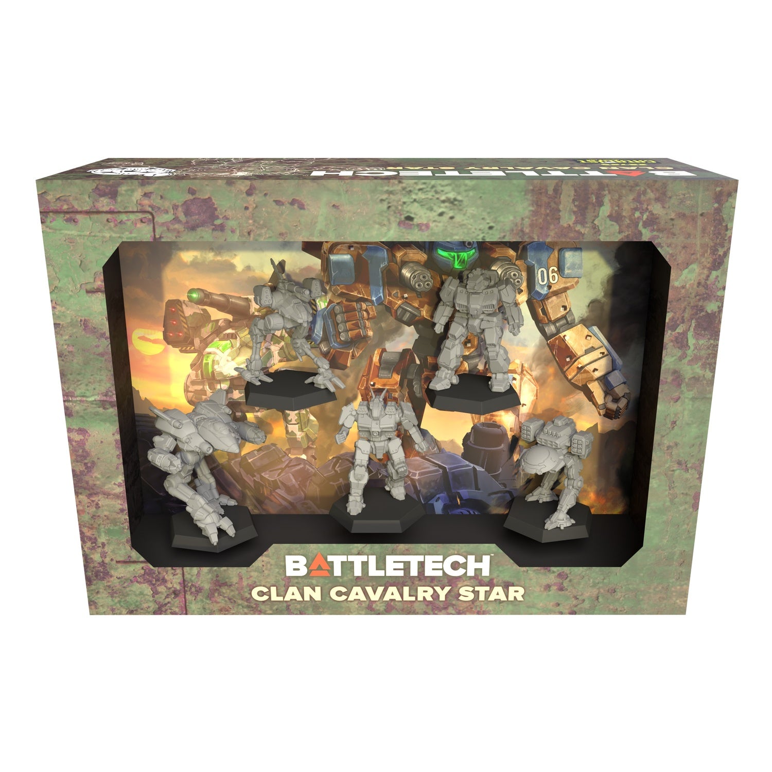 A Battletech Clan Cavalry Star box displays five unpainted mech miniatures on black bases with a vibrant background illustration of fighting mechs