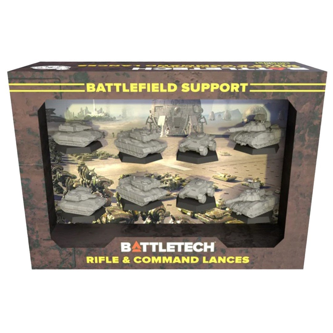 Battletech Battlefield Support Rifle and Command Lances box with six unpainted miniature tanks on bases against a futuristic battle backdrop