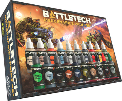 BattleTech Mercenaries Paint Set featuring mechs, paint bottles, and brush