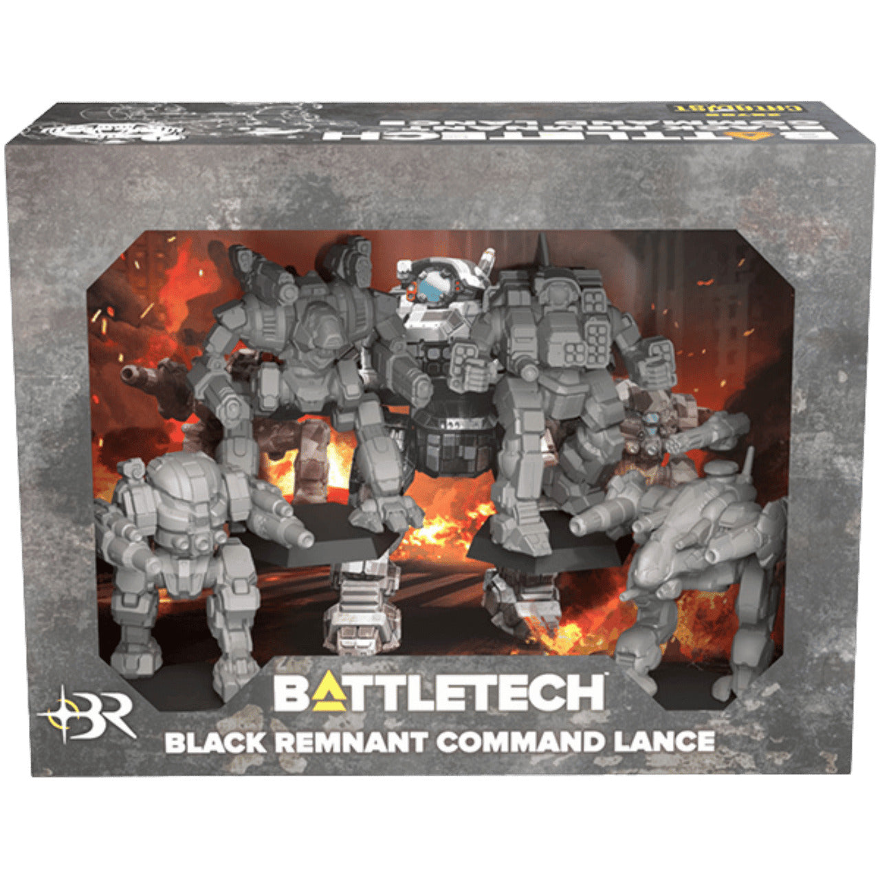 Battletech Black Remnant Command Lance box set featuring five unpainted gray miniature BattleMechs on a fiery battlefield background