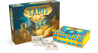 Front view of the Tanis board game box featuring Egyptian-themed artwork and game title