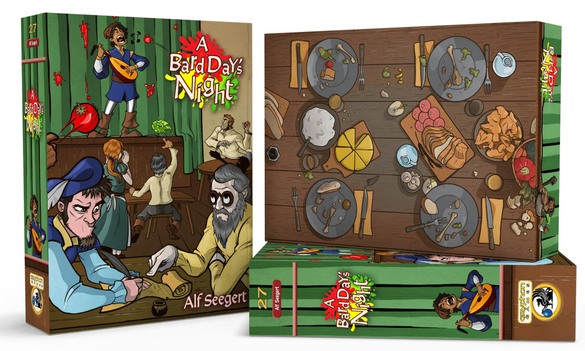 Front view of A Bard Day&#39;s Night game box featuring a vibrant, cartoon-style illustration of bards in a fantasy town