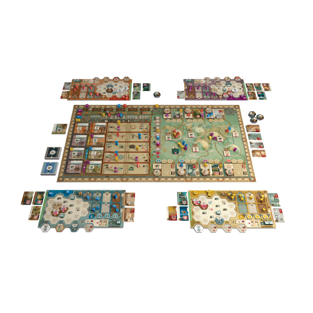 Game setup with board, cards, and components displayed