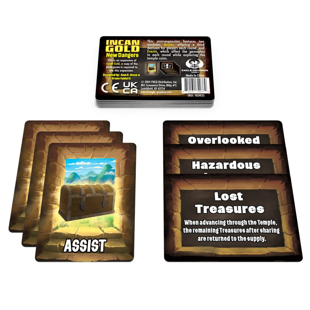 Incan Gold New Dangers expansion box and cards including Assist Overlooked Hazardous and Lost Treasures