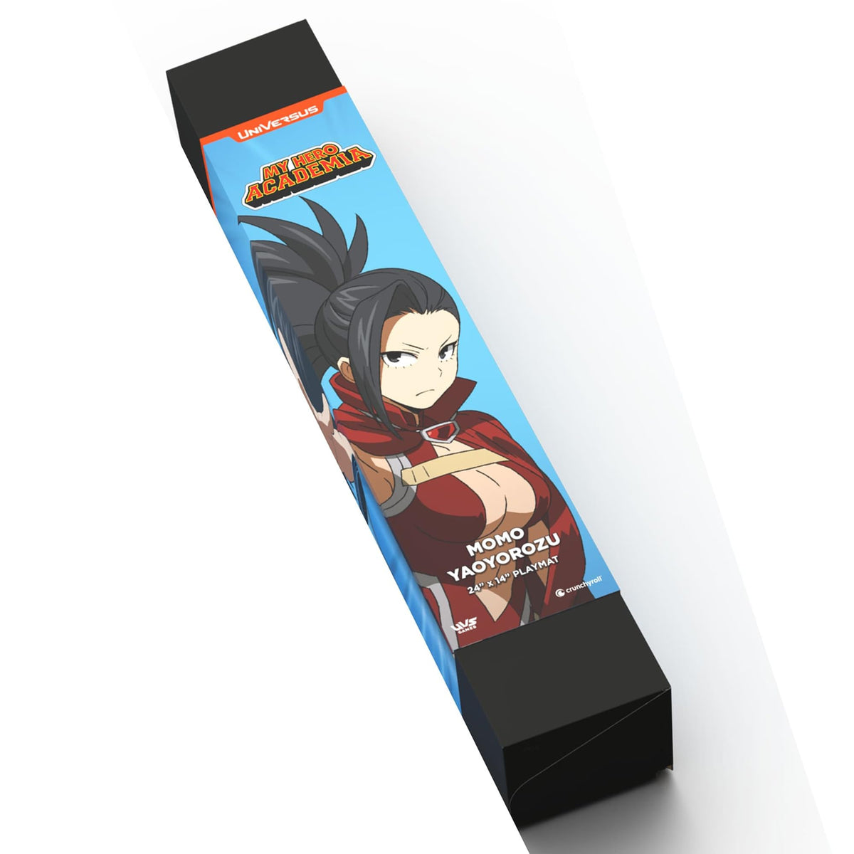 A black rectangular box for a Momo Yaoyorozu playmat, featuring the anime character in a red outfit on a blue label