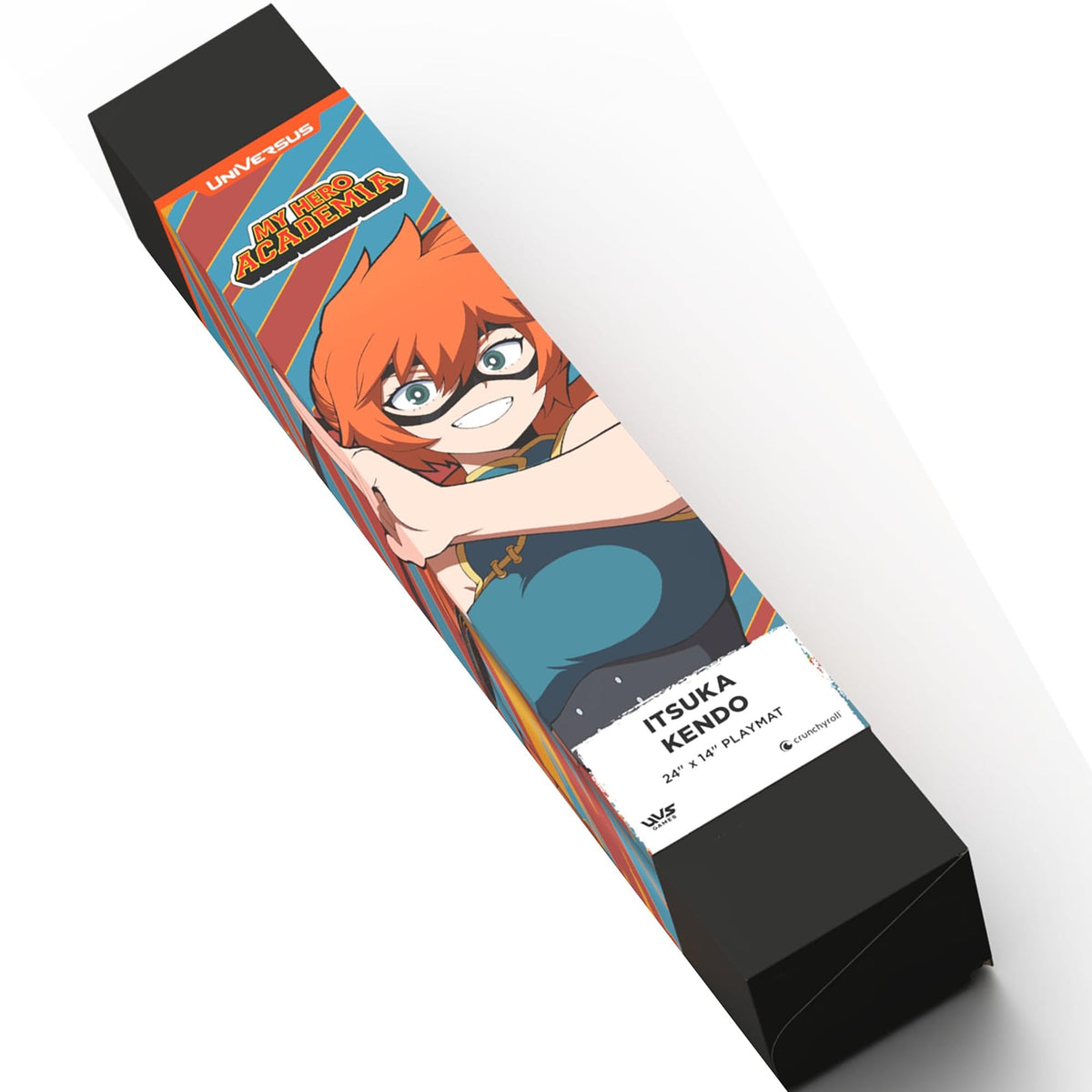A box for the Itsuka Kendo playmat showing a smiling anime girl with orange hair and a black mask on a striped background