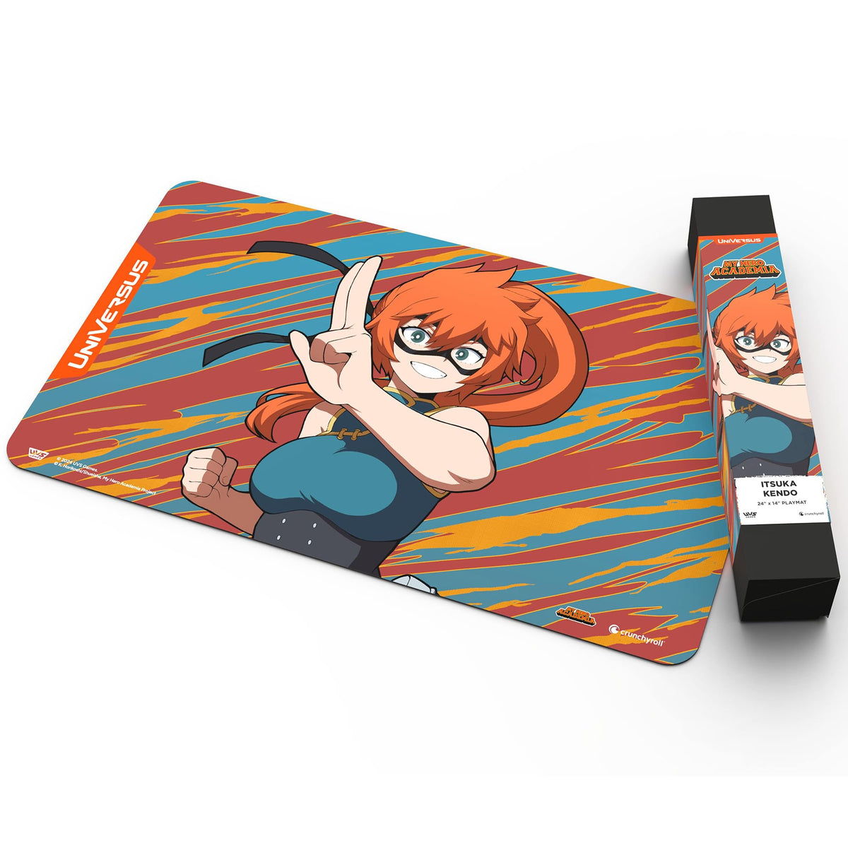 An Itsuka Kendo Playmat features an orange-haired anime character in a fighting pose against a striped background, displayed next to its matching cylindrical box
