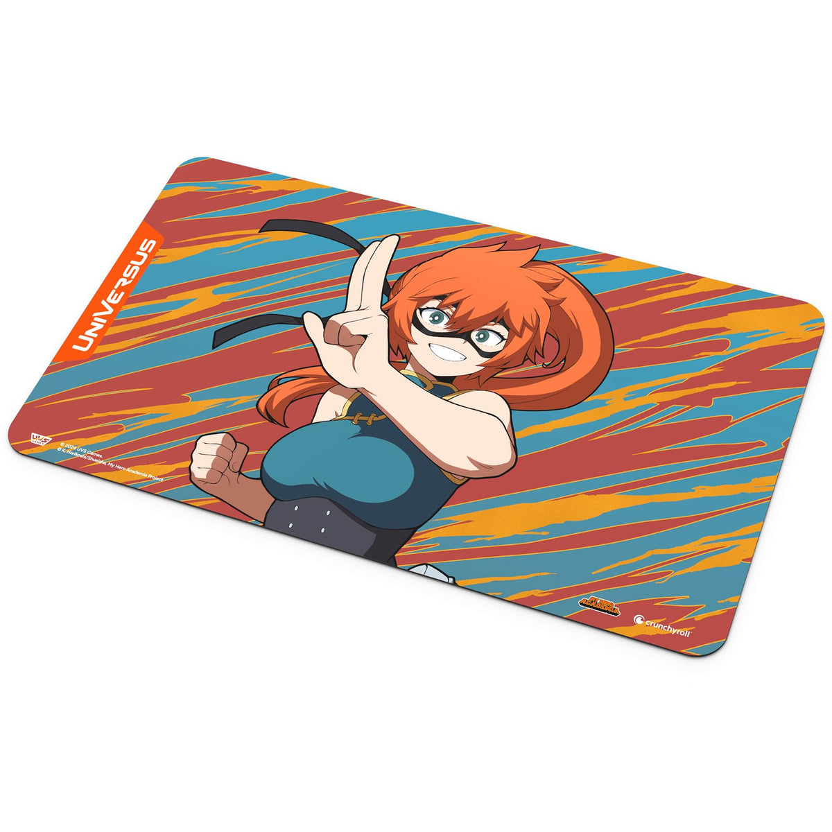An UniVersus My Hero Academia Itsuka Kendo Playmat shows Kendo with orange hair, a black mask, and a blue top, making a hand gesture on a striped background