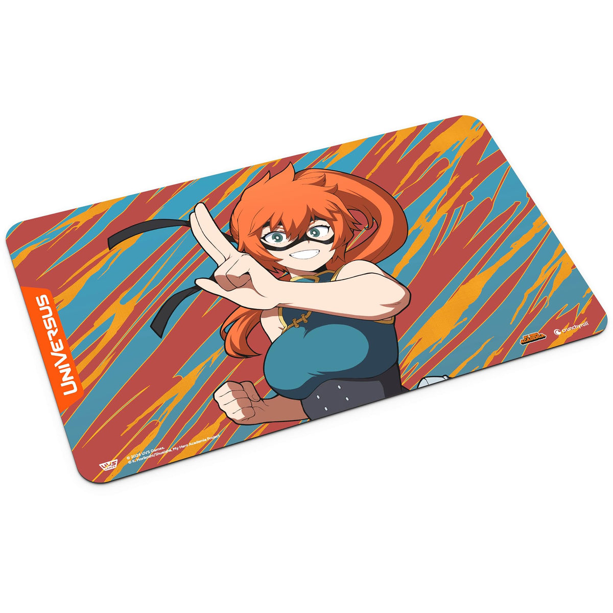 An Itsuka Kendo Playmat features the orange-haired anime hero in a teal top and black mask, posing against a background of red, blue, and yellow diagonal lines