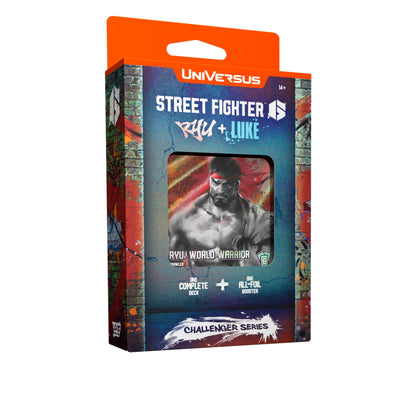 A UniVersus Challenger Series Street Fighter 6 Ryu and Luke card game box with an orange top hanger tab, featuring Ryu on a graffiti brick wall background