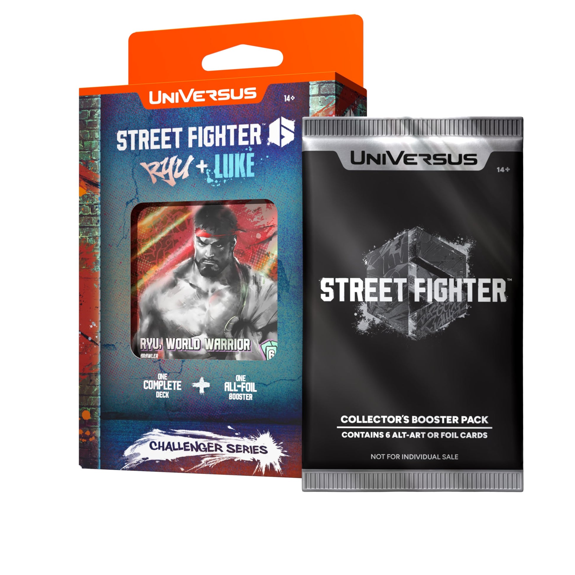 UniVersus Street Fighter 6 Ryu + Luke Challenger Series orange box showing Ryu's card and contents, displayed next to a black Collector's Booster Pack with 6 alt-art or foil cards