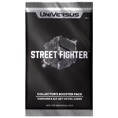 A black UniVersus Challenger Series Street Fighter 6 Collector's Booster Pack with silver seals, indicating 6 alt-art or foil cards and a 14+ age rating