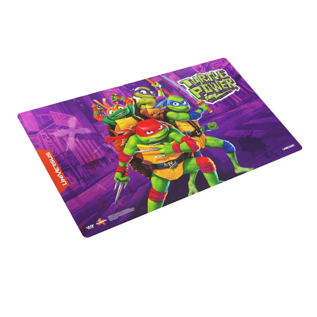 This image displays a Universus Teenage Mutant Ninja Turtles "Turtle Power" playmat showing all four turtles against a vivid purple city background