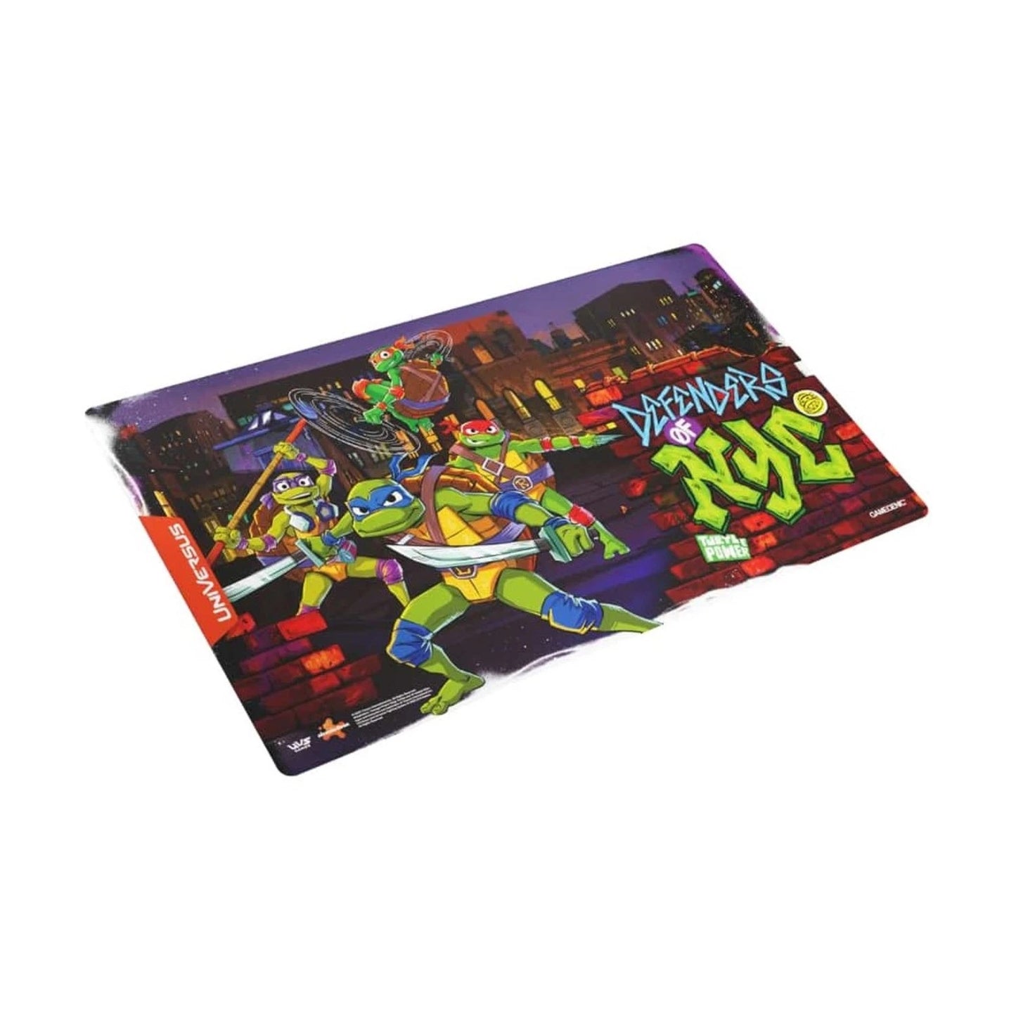 This Universus playmat displays the Teenage Mutant Ninja Turtles in action over a dark city skyline promoting them as the Defenders of NYC