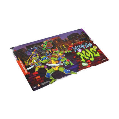 This Universus playmat displays the Teenage Mutant Ninja Turtles in action over a dark city skyline promoting them as the Defenders of NYC