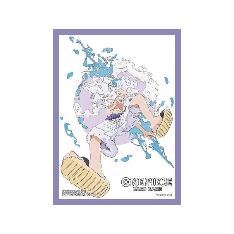 Luffy Gear Five card sleeve art from One Piece Card Game, dynamic pose with white cloud hair and blue splash effects