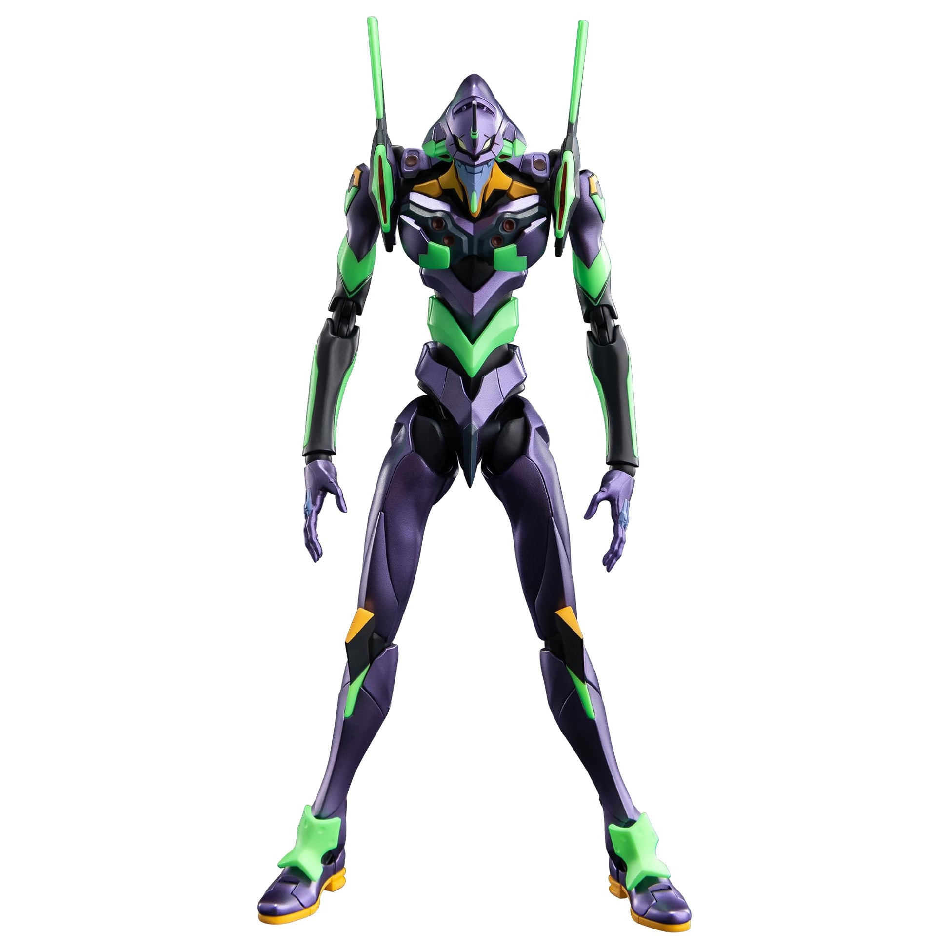 Full view of the Blokees Evangelion Test Type 01 action figure, displaying its glossy purple and luminous green armor details