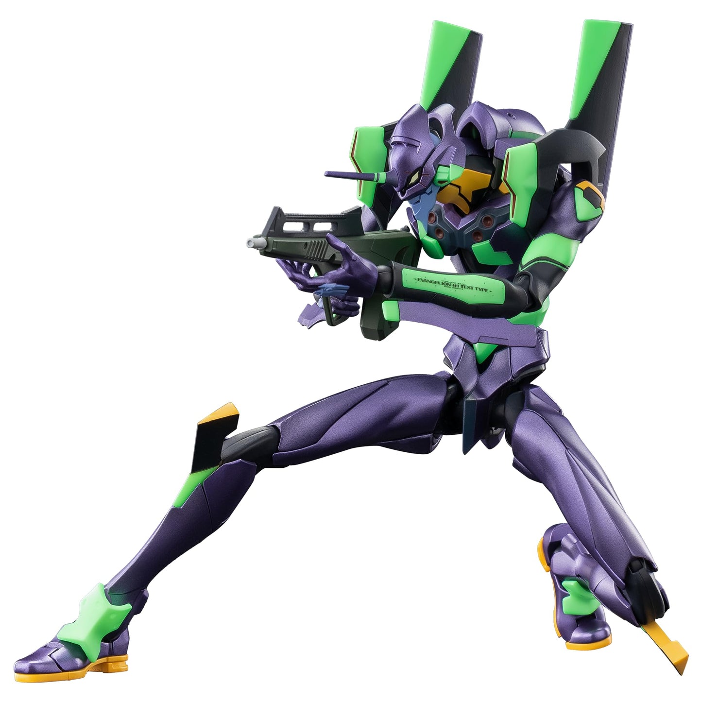 This Blokees Action Edition Evangelion Test Type 01 figure in metallic purple and fluorescent green assumes a deep, dynamic firing stance while aiming its specialized rifle