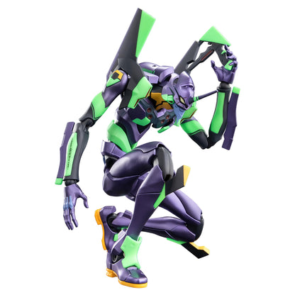 Articulated Blokees Evangelion Unit 01 action figure in metallic purple and neon green armor captured in a low crouching dynamic pose