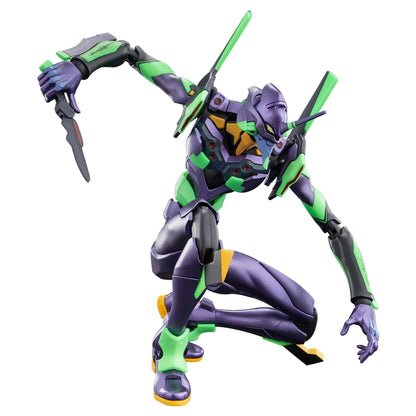 Purple and neon green Eva Unit 01 action figure crouches aggressively holding a small blade against a white background