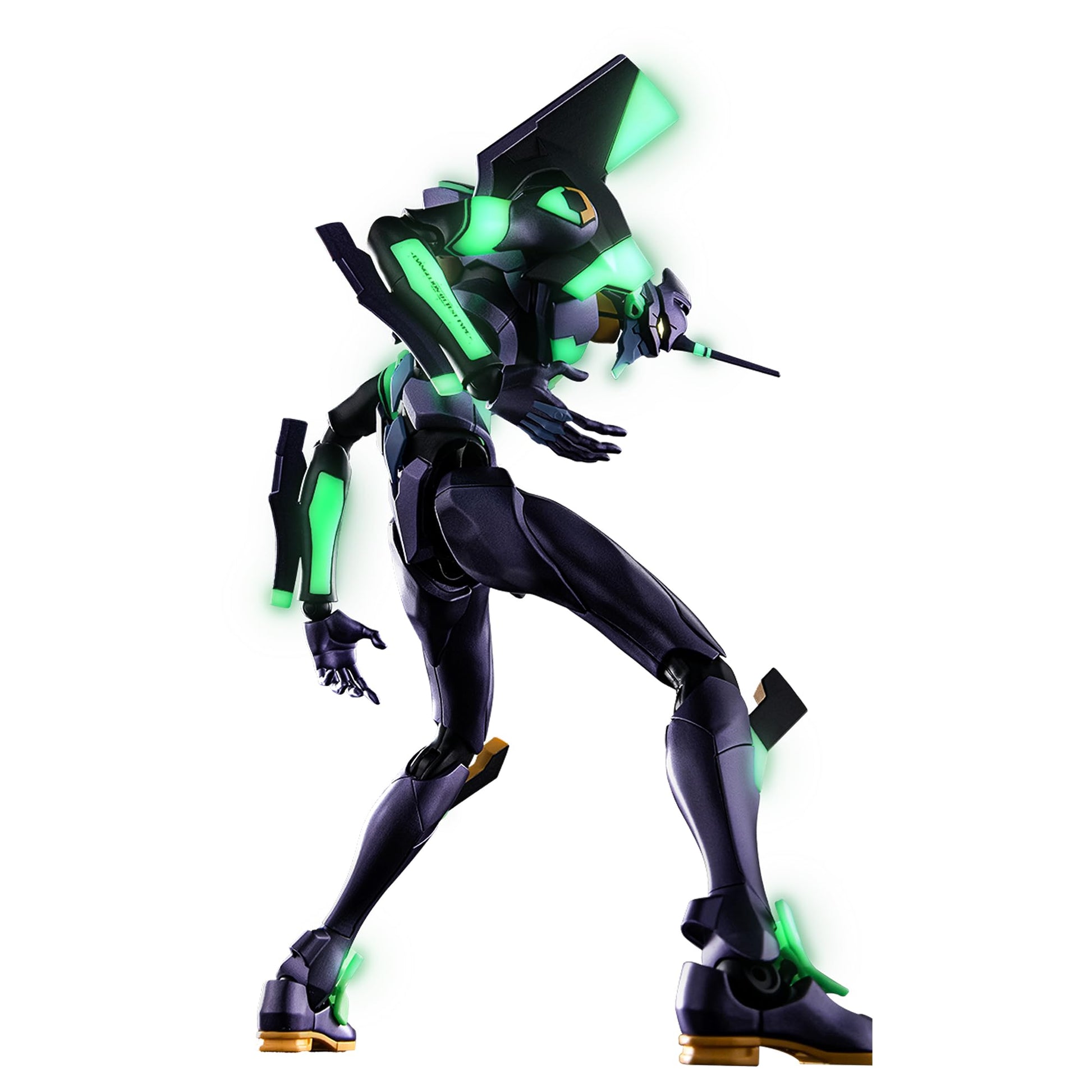 Action figure of Evangelion Test Type 01 featuring dark armor, a dynamic stance, and bright neon green sections that appear to glow powerfully