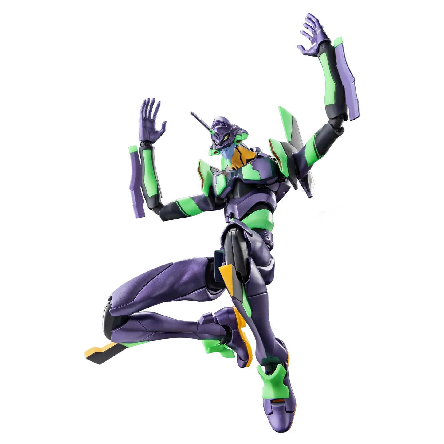 Blokees Evangelion Test Type 01 action figure, colored purple and vibrant green, leaps dynamically with articulated arms lifted upward on a white studio background