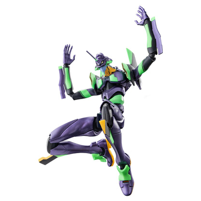 Blokees Evangelion Test Type 01 action figure, colored purple and vibrant green, leaps dynamically with articulated arms lifted upward on a white studio background