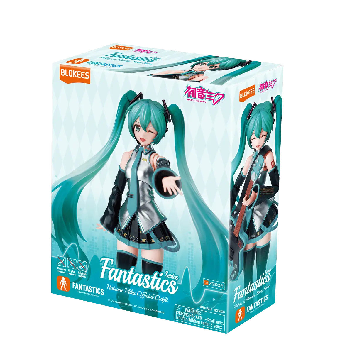 Packaging for the Blokees Fantastics Edition Hatsune Miku figure displays Miku winking in her official silver outfit and long teal twin tails