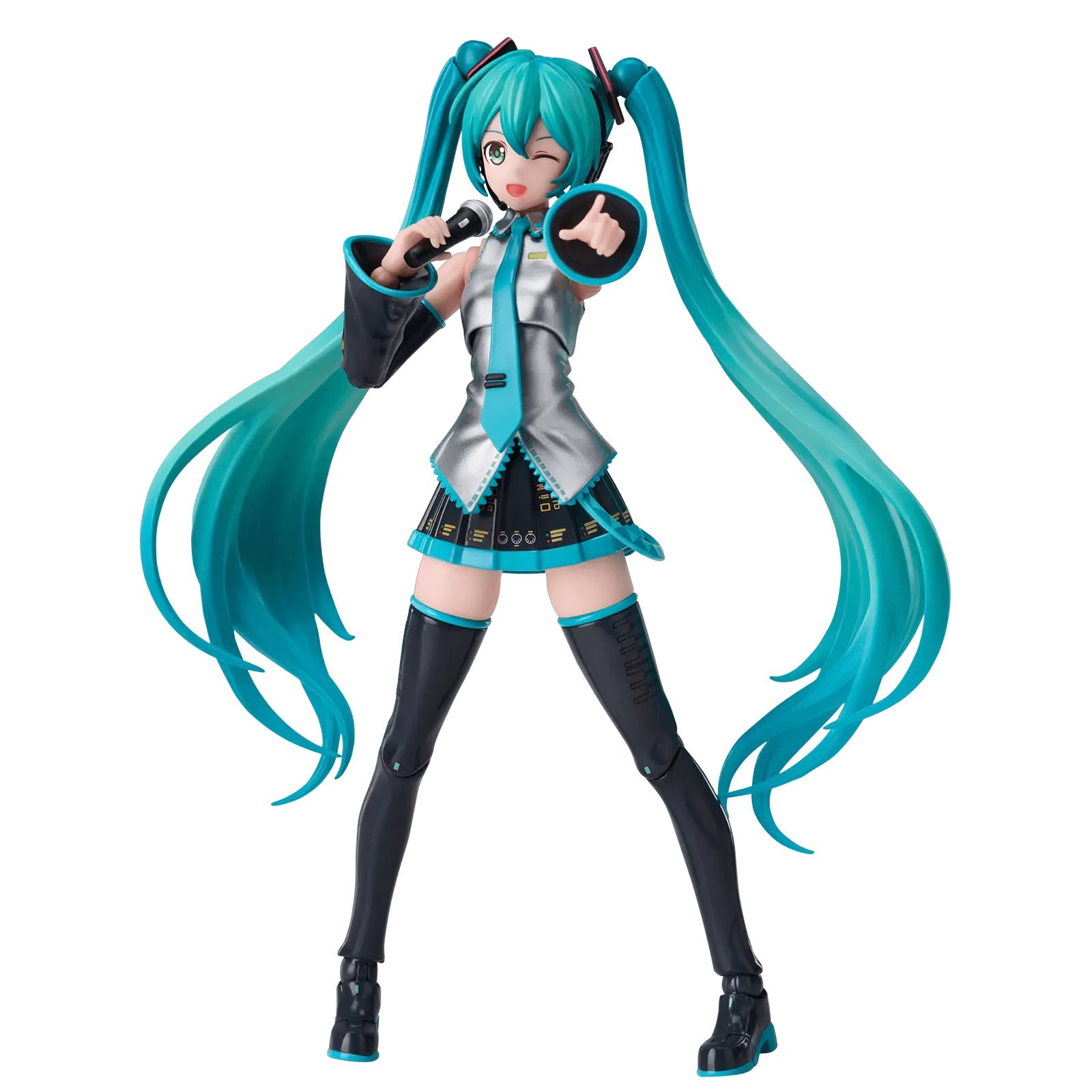 Articulated Blokees Hatsune Miku figure standing dynamically in her official outfit with long aqua pigtails, winking while holding a microphone and displaying a thumbs-up
