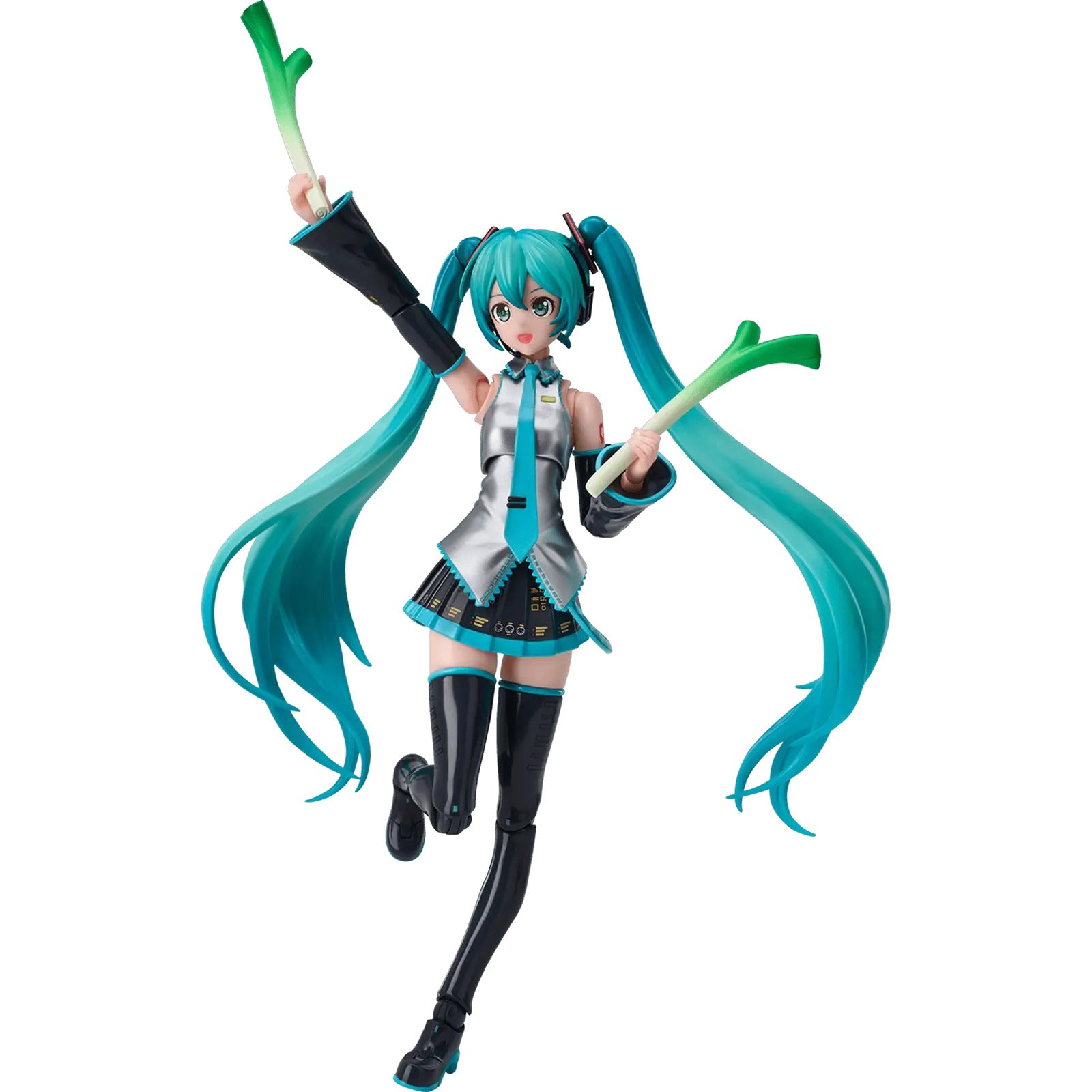 Articulated Blokees Hatsune Miku figure in her classic official outfit with massive teal twintails, dynamically holding two leeks
