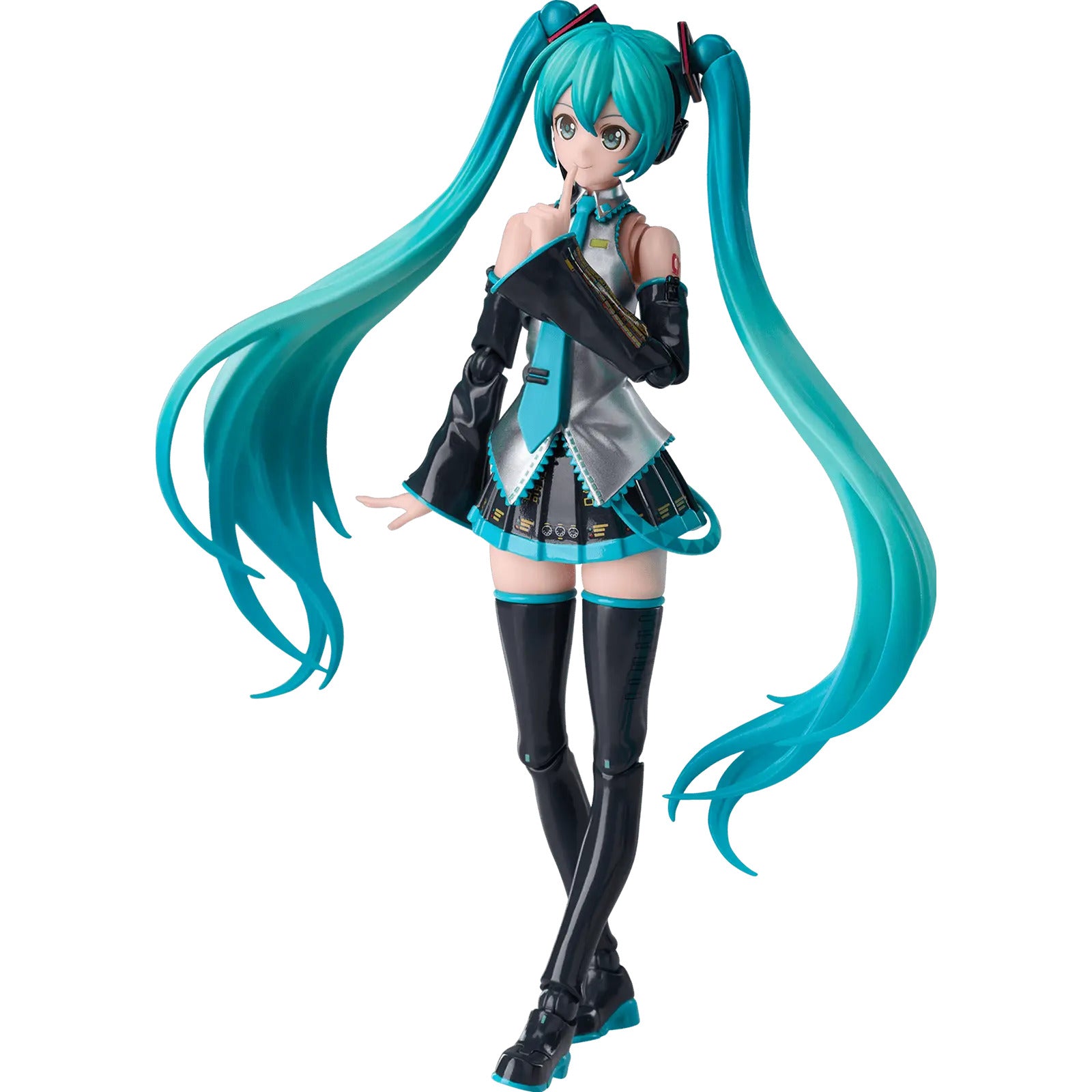 Full view of the Hatsune Miku official outfit action figure featuring flowing teal twin-tails and a shushing hand gesture