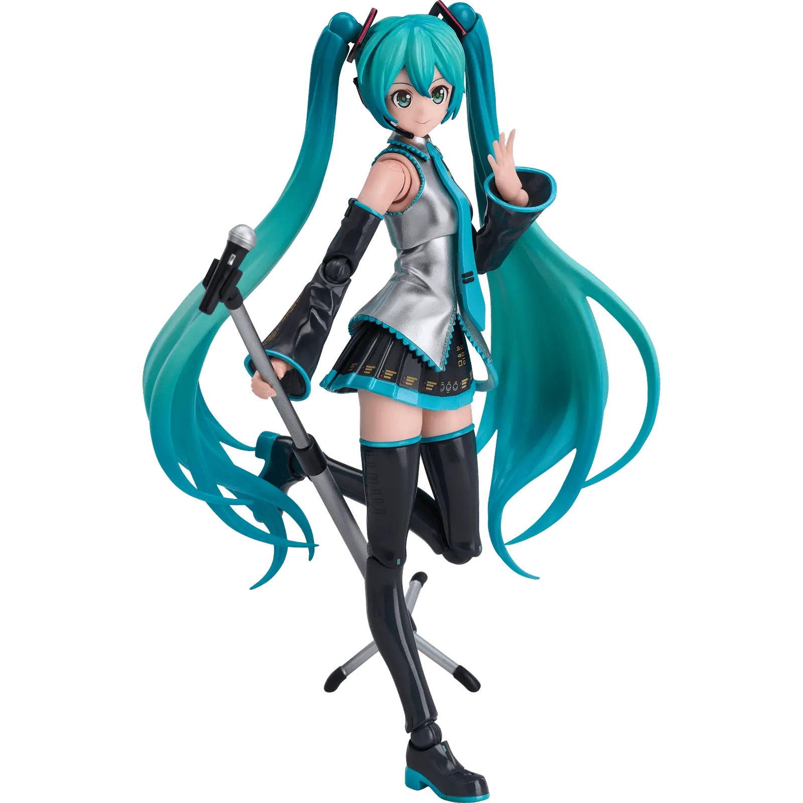 This Hatsune Miku articulated figure from the Blokees Fantastics Edition wears her classic official outfit with teal twin-tails while posed holding a microphone stand and raising one hand