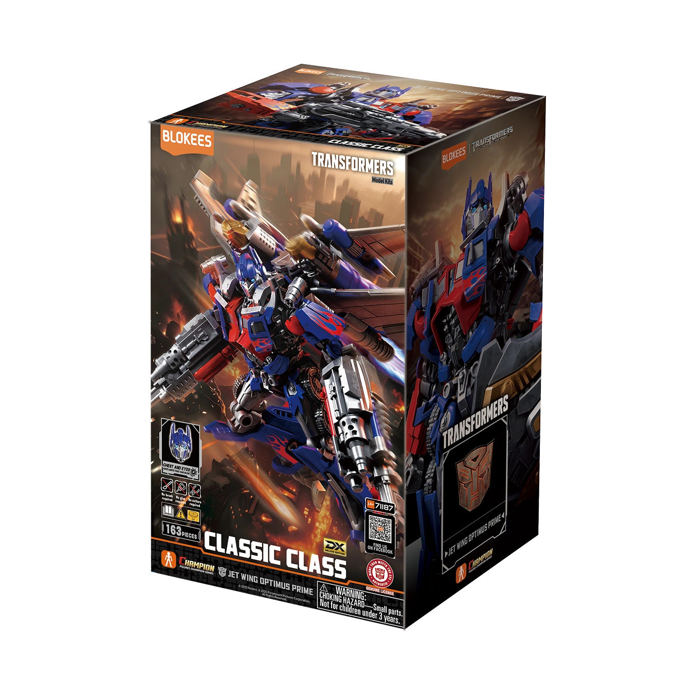 The BLOOKEES Classic Class Jet Wing Optimus Prime model kit box features the 163-piece transformer figure dynamically firing large weapons in a city setting