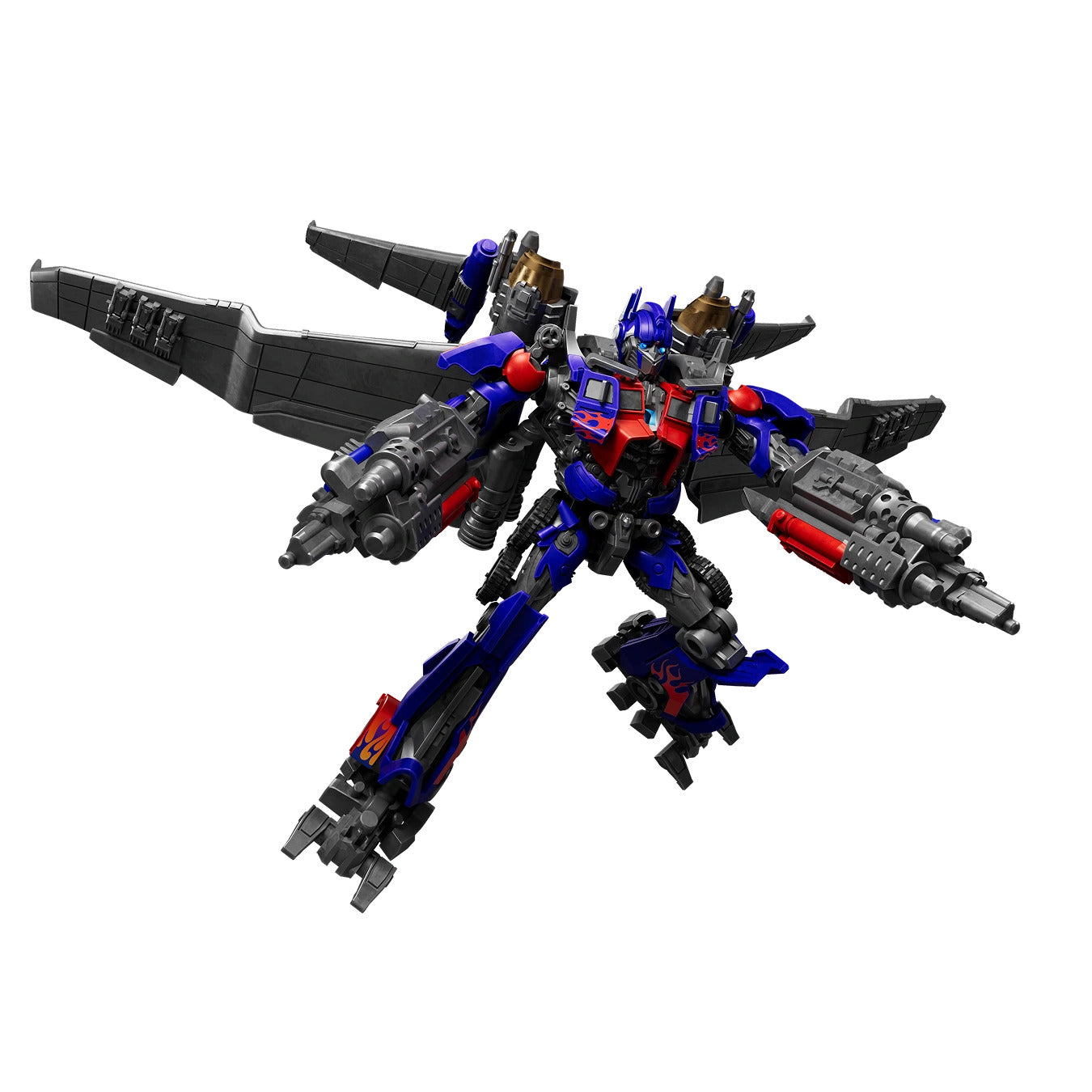 The blue and red Jet Wing Optimus Prime action figure stands ready for battle with large twin cannons and impressive rear flight wings